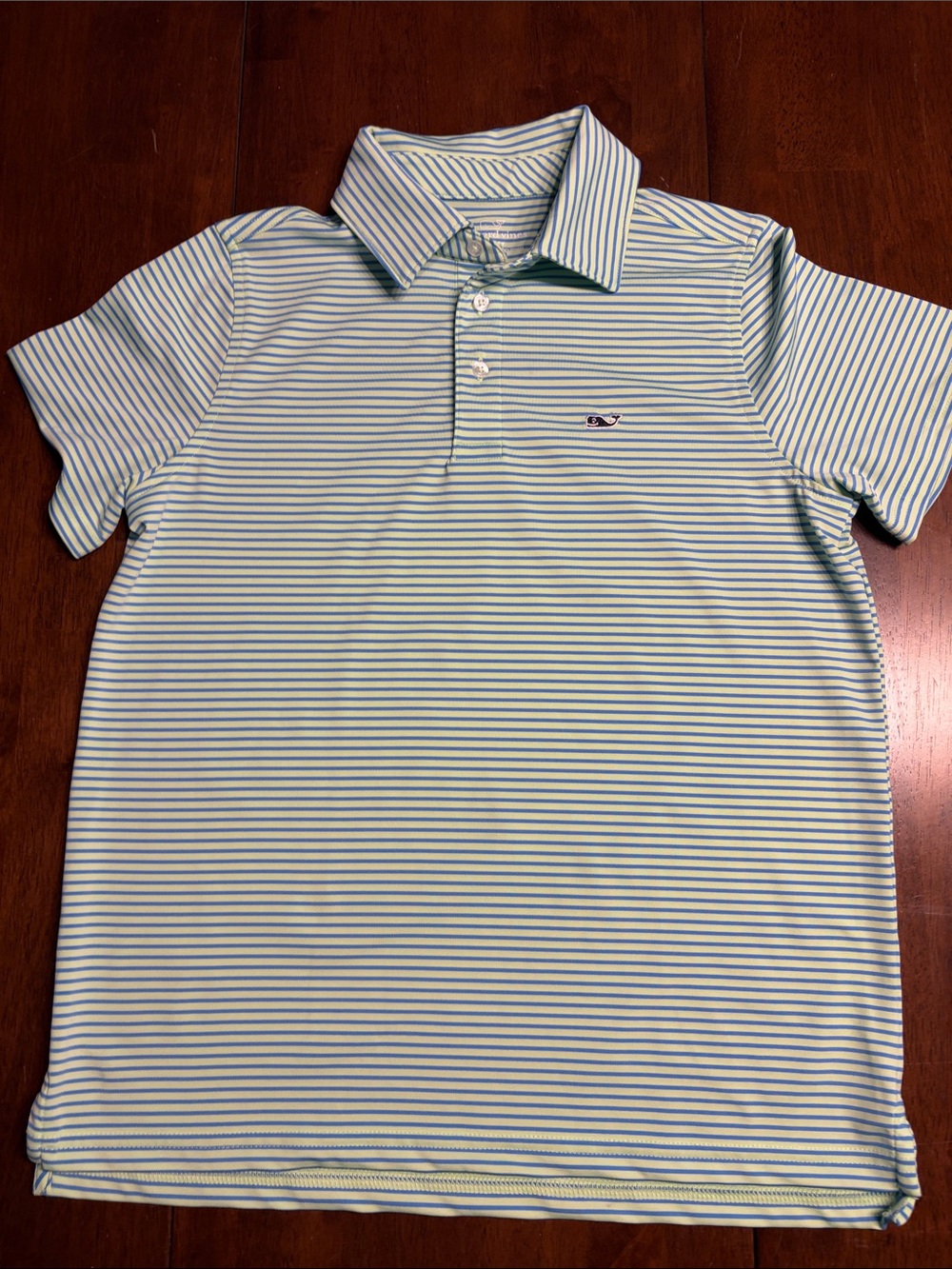 Vineyard Vines Boys Light Blue and lime green Striped Performance Polo